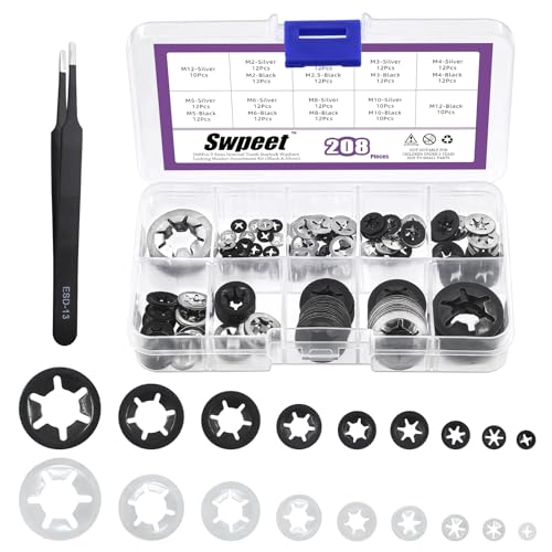 Swpeet Internal Tooth Star Lock Washers (Stainless Steel Tooth Lock Washers) mit Pinzette Kit, M2 M2.5 M3 M4 M5 M6 M8 M10 M12 Feder Push On Sicherungsmuttern Speed Clips Halteklammern von Swpeet