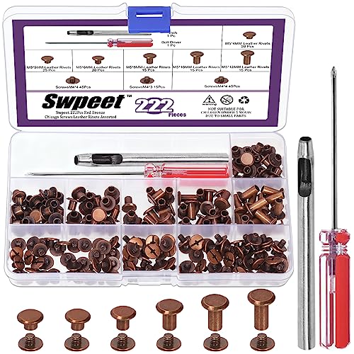 Swpeet M5 Chicago Screws 110 Set 6-Größen M5 x 4mm/5mm/6mm/8mm/10mm/12mm Red Bronze Leder Nieten Chicago Bindungsschrauben mit Installationswerkzeugen Sortiment Kit, Schraubennieten M5 Chicago Bindung von Swpeet