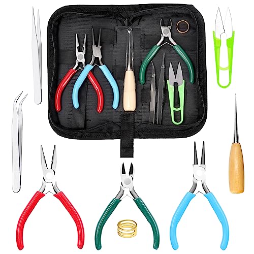 Swpeet Mini Jewelry Making Tools 9Pcs 4.5Inch Schmuck machen Sortimente Kit, 3 Arten Schmuck Zange Nadelzange Runde Nase Zange Drahtschneider, mit Ahle, Pinzette, Fingerhut Ring von Swpeet