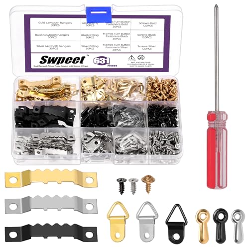 Swpeet Picture Hanging 631Pcs Bild Aufhänger Kit, einschließlich Metall Sägezahn Bild Aufhänger Doppelloch und Bilderrahmen Drehknopf und D Ring Bilderrahmen Aufhänger mit Schrauben von Swpeet
