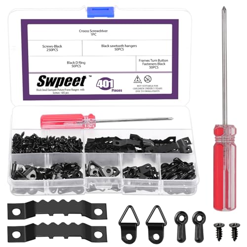 Swpeet Picture Hanging Kit Include Sawtooth Picture Frame Hanging, Frame Picture Turn Buttons, Pieces Screws and Screwdriver for Hanging Pictures, Photos, Drawing (Black) 401Pcs von Swpeet