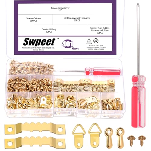 Swpeet Picture Hanging Kit Include Sawtooth Picture Frame Hanging, Frame Picture Turn Buttons, Pieces Screws and Screwdriver for Hanging Pictures, Photos, Drawing (Golden) von Swpeet