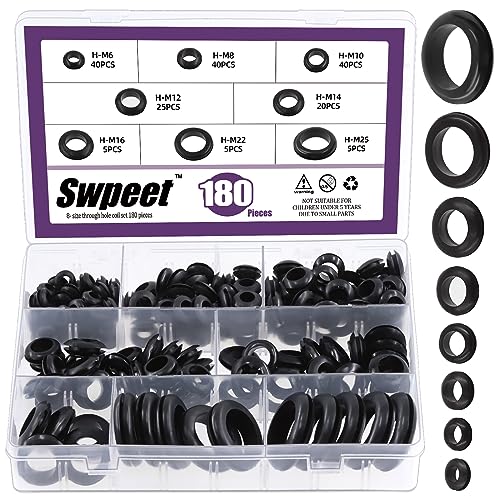 Swpeet Swpeet 180-teiliges Gummidüsen 8 Common Size Black Rubber Tüllen Sortiment Kit, Gummidrahttüllen für Löcher, Firewall, Kabel, Automobile und. 1/4" 5/16" 3/8" 1/2" 9/16" 5/8" 7/8" 1" von Swpeet