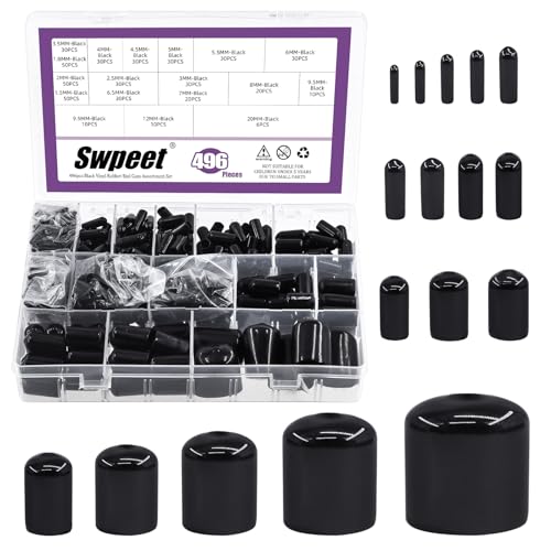 Swpeet Vinyl Rubber End Caps, 150 Pack Flexible Bolt Screw Covers Caps Round Thread Protector Caps for Metal Tubing Rod Bolts, Black (496) 17 Größen 1.5mm-20mm Schwarz Vinyl Gummi Endkappen von Swpeet