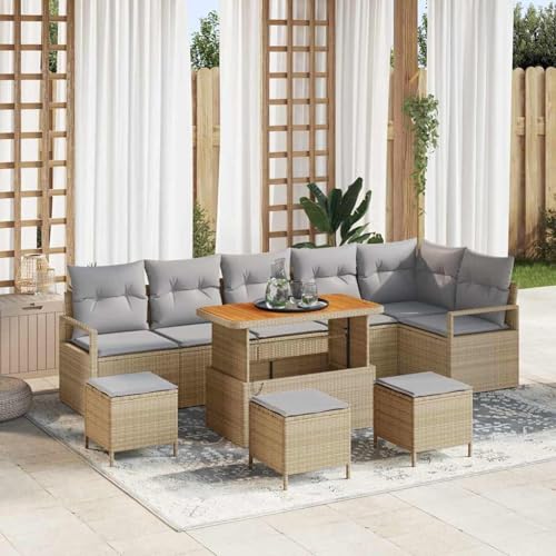 10-teiliges Garten Sofa Set mit Kissen Beige Poly Rattan Akazie, Modulares Gartenmöbel-Set für Balkon Terrasse und Café3362552 von Swpsd