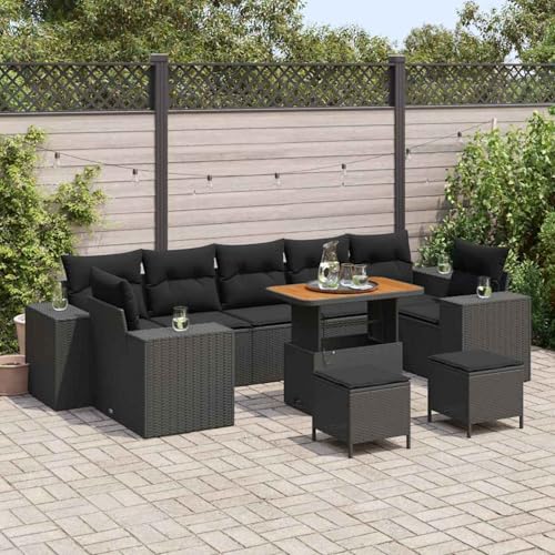 10-teiliges Garten Sofa Set mit Kissen Schwarz, 3-teiliges Garten ESS-Set mit Kissen Schwarz, Modulares Gartenmöbel-Set für Balkon Terrasse und Café von Swpsd