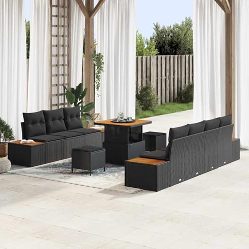 10-teiliges Garten Sofa Set mit Kissen Schwarz, 3-teiliges Garten Esstisch Set mit Kissen Schwarz, Modulares Gartenmöbel-Set für Balkon Terrasse und Café von Swpsd