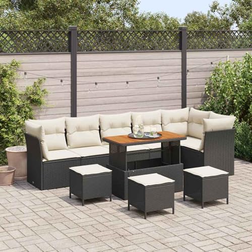 10-teiliges Garten Sofa Set mit Kissen Schwarz, 4-teiliges Garten Essgruppe mit Kissen Schwarz, Modulares Gartenmöbel-Set für Balkon Terrasse und Café von Swpsd