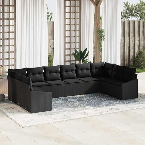10-teiliges Garten Sofa Set mit Kissen Schwarz Poly Rattan, Lounge Möbel Gartenmöbel-Set für Balkon Terrasse und Café3346903 von Swpsd
