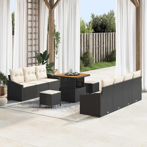 10-teiliges Garten Sofa Set mit Kissen Schwarz Poly Rattan Akazie, Modulares Gartenmöbel-Set für Balkon Terrasse und Café3364565 von Swpsd