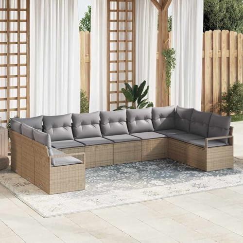 10-teiliges Garten Sofa Set mit Kissen in Beige aus Poly Rattan, Modulares Gartenmöbel-Set für Balkon Terrasse und Café3346560 von Swpsd