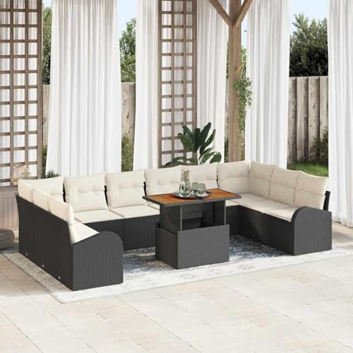 11-teiliges Garten Esstisch Set mit Kissen Schwarz Poly Rattan Akazie, Gartentisch Stühlen Gartenmöbel Set for Outdoor Essbereich Balkon Café3349634 von Swpsd