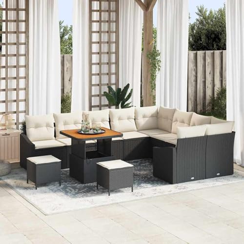 12-teilige Garten Sofa Set mit Kissen Schwarz Poly Rattan Akazie, Modulares Gartenmöbel-Set für Balkon Terrasse und Café3362690 von Swpsd