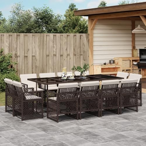 13-TLG. Garten-Essgruppe mit Kissen Braun Poly Rattan, Gartentisch Stühlen Gartenmöbel Set for Outdoor Essbereich Balkon Café3210861 von Swpsd