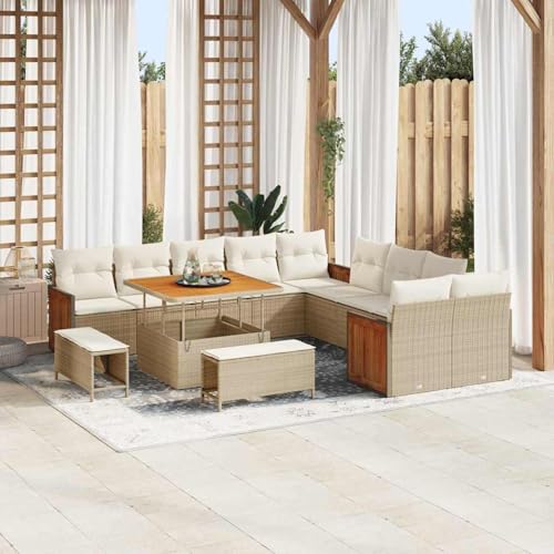 13-teiliges Garten Sofa Set mit Kissen Beige Poly Rattan Akazie, Modulares Gartenmöbel-Set für Balkon Terrasse und Café3363356 von Swpsd