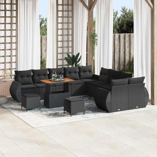 13-teiliges Garten-Sofa-Set mit Kissen Schwarz, Akazie, 3-teilige Garten-Essgruppe mit Kissen Schwarz, Akazie, Modulares Gartenmöbel-Set für Balkon Terrasse und Café3363884 von Swpsd