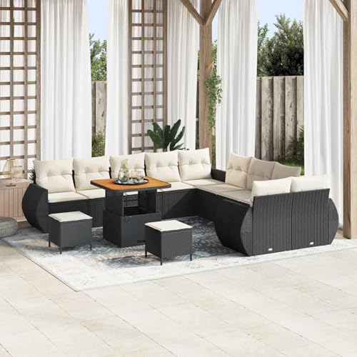 13-teiliges Garten-Sofa Set mit Kissen Schwarz Poly Rattan Akazie, Modulares Gartenmöbel-Set für Balkon Terrasse und Café3361930 von Swpsd