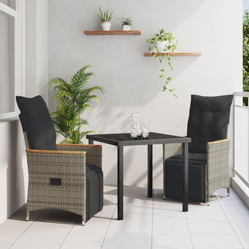3-teiliges Garten-ESS-Set mit Kissen Grau Poly-Rattan, Gartentisch Stühlen Gartenmöbel Set for Outdoor Essbereich Balkon Café3379625 von Swpsd