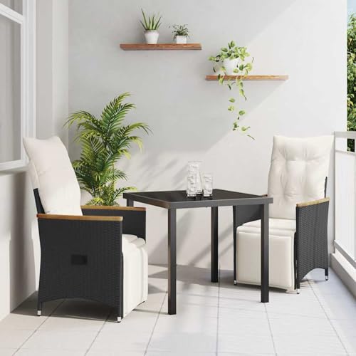 3-teiliges Garten-Essenset mit Kissen Schwarz Poly-Rattan, Gartentisch Stühlen Gartenmöbel Set for Outdoor Essbereich Balkon Café3379611 von Swpsd