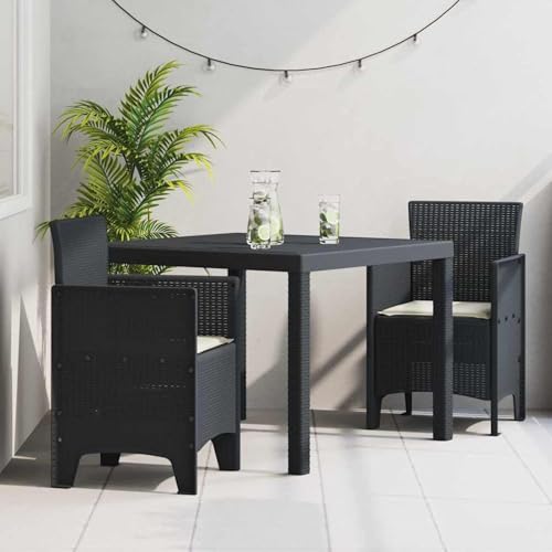 3-teiliges Garten-Essgruppe mit Kissen Anthrazit Poly Rattan, Gartentisch Stühlen Gartenmöbel Set for Outdoor Essbereich Balkon Café3378676 von Swpsd