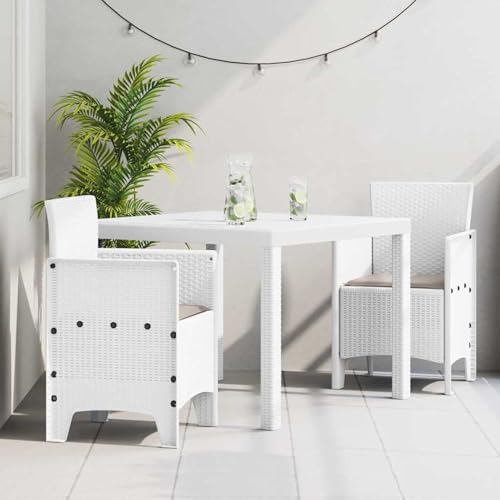 3-teiliges Garten Essset mit Kissen Weiß Poly Rattan, Gartentisch Stühlen Gartenmöbel Set for Outdoor Essbereich Balkon Café3378683 von Swpsd
