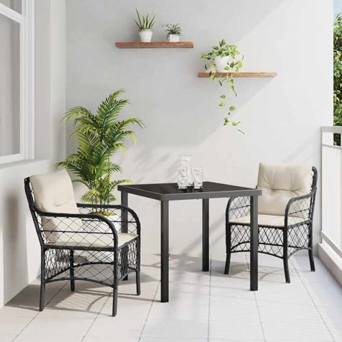 3-teiliges Garten Esstisch Set mit Kissen Schwarz Poly Rattan, Gartentisch Stühlen Gartenmöbel Set for Outdoor Essbereich Balkon Café3380197 von Swpsd