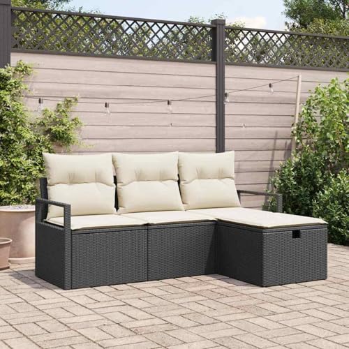 4-teiliges Garten Sofa Set mit Kissen Schwarz Poly Rattan, 2-Sitzer Garten Sofa mit Stauraum, Modulares Gartenmöbel-Set für Balkon Terrasse und Café 4-teiliges Garten Sofa Set mit Kissen Schwarz Poly Rattan, 2-Sitzer Garten Sofa mit Stauraum, Modulares Gartenmöbel-Set für Balkon Terrasse und Café von Swpsd