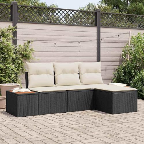 4-teiliges Garten Sofa Set mit Kissen Schwarz Poly Rattan Akazie, Modulares Gartenmöbel-Set für Balkon Terrasse und Café3348058 von Swpsd