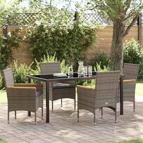 5 Teile Garten Essgruppe mit Kissen Grau Poly-Rattan, Gartentisch Schwarz 160x80x73 cm Sicherheitsglas, Gartentisch Stühlen Gartenmöbel Set for Outdoor Essbereich Balkon Café3379852 von Swpsd