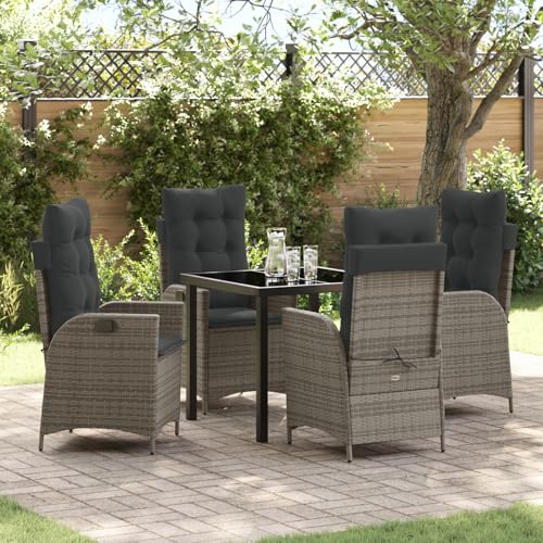 5-teilige Garten-Essgruppe mit Kissen Grau Poly Rattan, Gartentisch Stühlen Gartenmöbel Set for Outdoor Essbereich Balkon Café3380499 von Swpsd