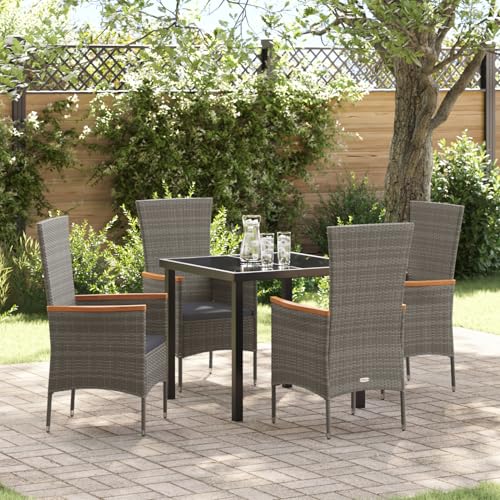 5-teilige Garten-Essgruppe mit Kissen grau Poly-Rattan, Gartentisch Stühlen Gartenmöbel Set for Outdoor Essbereich Balkon Café3379430 von Swpsd