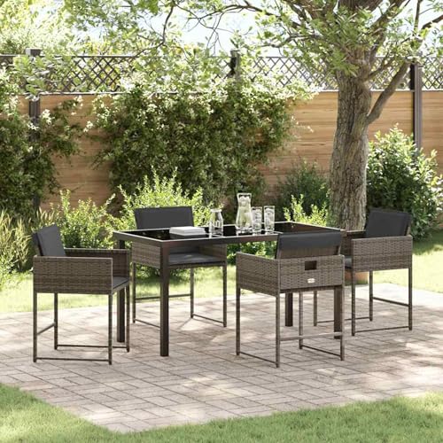 5-teilige Garten-Essgruppe mit Kissen in Grau aus Poly-Rattan, Gartentisch Stühlen Gartenmöbel Set for Outdoor Essbereich Balkon Café3380013 von Swpsd