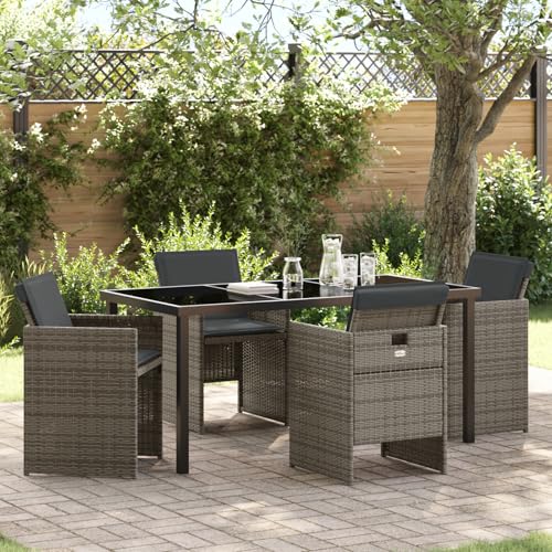 5-teilige Garten Essgruppe mit Kissen in Grau aus Polyrattan, Gartentisch Stühlen Gartenmöbel Set for Outdoor Essbereich Balkon Café3380599 von Swpsd