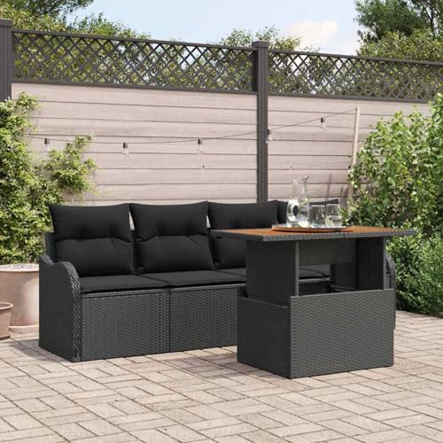 5-teilige Garten Sofa Set mit Kissen Schwarz, 2-Sitzer Garten Sofa mit Kissen Schwarz Poly Rattan, Modulares Gartenmöbel-Set für Balkon Terrasse und Café von Swpsd