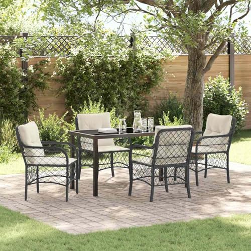 5-teiliges Garten-Dining-Set mit Kissen Schwarz Poly Rattan, Gartentisch Stühlen Gartenmöbel Set for Outdoor Essbereich Balkon Café3380199 von Swpsd