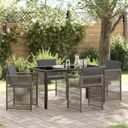 5-teiliges Garten-ESS-Set mit Kissen in Grau Poly-Rattan, Gartentisch Stühlen Gartenmöbel Set for Outdoor Essbereich Balkon Café3380778 von Swpsd