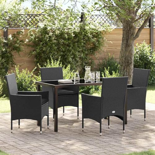 5-teiliges Garten Essgruppe Set mit Kissen Schwarz Poly-Rattan, Gartentisch Stühlen Gartenmöbel Set for Outdoor Essbereich Balkon Café3379774 von Swpsd