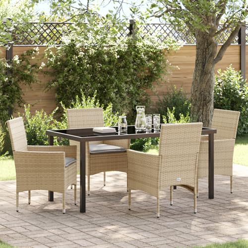 5-teiliges Garten-Essgruppe mit Kissen Beige Poly Rattan, Gartentisch Schwarz 160x80x73 cm Gehärtetes Glas, Gartentisch Stühlen Gartenmöbel Set for Outdoor Essbereich Balkon Café3379796 von Swpsd