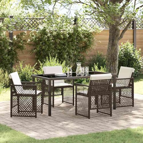 5-teiliges Garten Essset mit Kissen Braunes Poly Rattan, Gartentisch Schwarz 160x80x73 cm Tempered Glass, Gartentisch Stühlen Gartenmöbel Set for Outdoor Essbereich Balkon Café3380631 von Swpsd