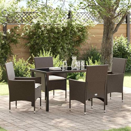 5-teiliges Garten Esstisch Set mit Kissen Braunes Poly-Rattan, Gartentisch Stühlen Gartenmöbel Set for Outdoor Essbereich Balkon Café3379781 von Swpsd