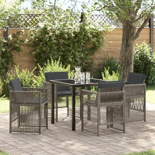 5-teiliges Garten Esstisch Set mit Kissen Grau Poly Rattan, Gartentisch Schwarz 80x80x73 cm Tempered Glass, Gartentisch Stühlen Gartenmöbel Set for Outdoor Essbereich Balkon Café3380653 von Swpsd