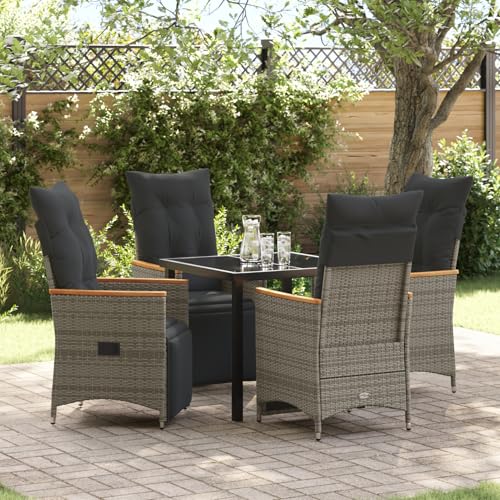 5-teiliges Garten-Esstisch-Set mit Kissen in Grau Poly-Rattan, Gartentisch Stühlen Gartenmöbel Set for Outdoor Essbereich Balkon Café3379626 von Swpsd