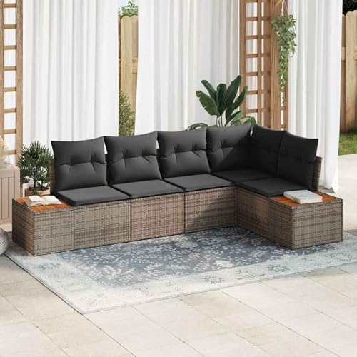 5-teiliges Garten Sofa Set mit Kissen Grau Poly Rattan Akazie, Modulares Gartenmöbel-Set für Balkon Terrasse und Café3356754 von Swpsd
