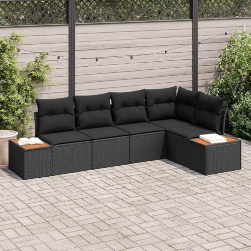 5-teiliges Garten-Sofa-Set mit Kissen Schwarz Poly-Rattan Akazie, Modulares Gartenmöbel-Set für Balkon Terrasse und Café3348084 von Swpsd