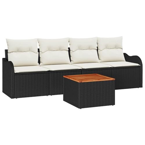 5-teiliges Garten Sofa Set mit Kissen Schwarz Poly Rattan Akazie, Modulares Gartenmöbel-Set für Balkon Terrasse und Café3356052 von Swpsd