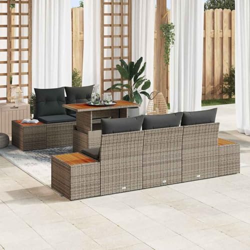 6-TLG. Garten-Essgruppe mit Kissen Grau Poly Rattan Akazie, Gartentisch Stühlen Gartenmöbel Set for Outdoor Essbereich Balkon Café3350026 von Swpsd