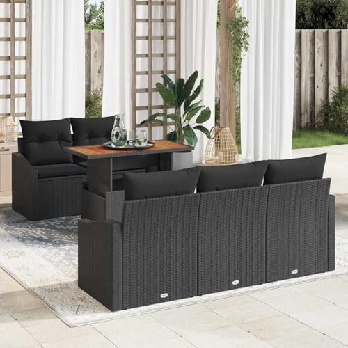 6 Teiliges Garten Esstisch Set mit Kissen Schwarz Poly Rattan Akazie, Gartentisch Stühlen Gartenmöbel Set for Outdoor Essbereich Balkon Café3349778 von Swpsd