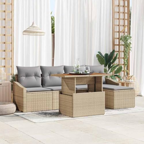 6-teiliges Garten Essgruppen Set mit Kissen Beige Poly Rattan Akazie, Modulares Gartenmöbel-Set für Balkon Terrasse und Café3349825 von Swpsd