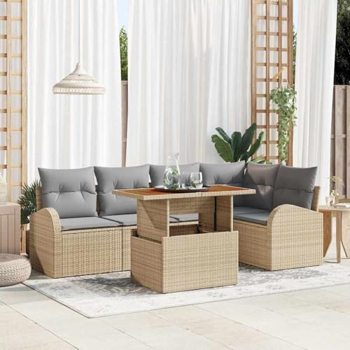 6-teiliges Garten Esstisch Set mit Kissen Beige Poly Rattan Akazie, Gartentisch Stühlen Gartenmöbel Set for Outdoor Essbereich Balkon Café3349587 von Swpsd