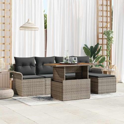 6-teiliges Garten Esstisch Set mit Kissen Grau Poly Rattan Akazie, Gartentisch Stühlen Gartenmöbel Set for Outdoor Essbereich Balkon Café3349320 von Swpsd